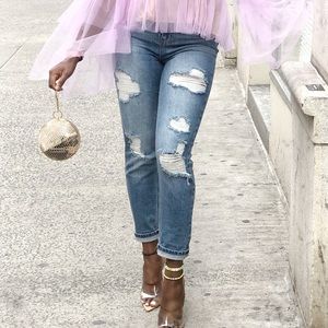 High waisted distressed mom jean